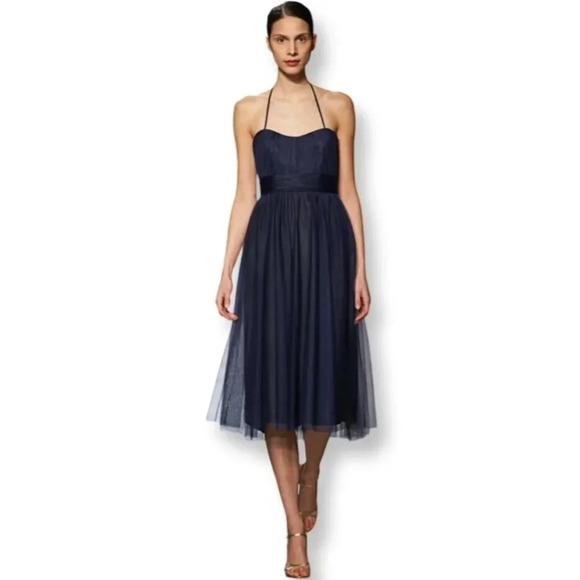 Amsale Dresses & Skirts - Amsale NWT Short Bridesmaid Prom Party Dress Navy Blue Halter Tulle Size 10